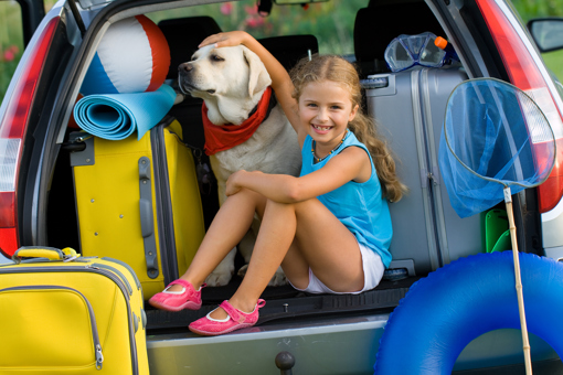 Mädchen mit Hund im Auto auf einer Reise nach Dänemark