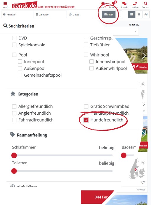 Erweiterter Suchfilter „Hundefreundlich“