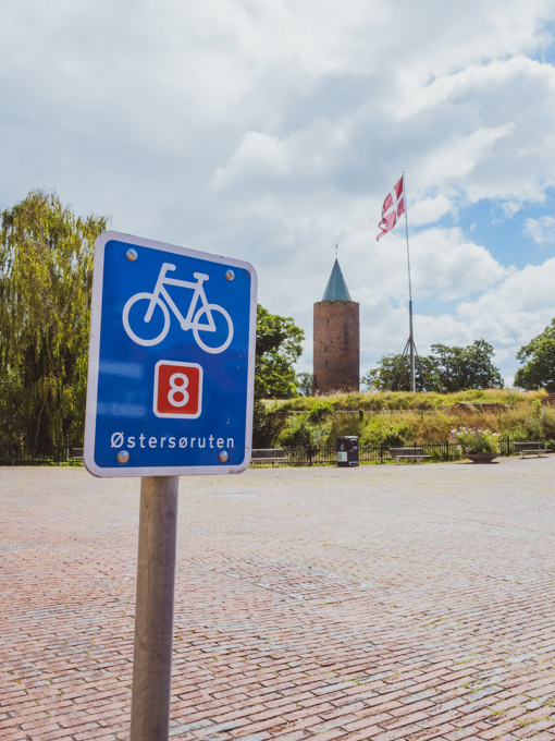  Ein Straßenschild mit der N8-Ostseeroute in der Nähe vom Historisches Museum Danmarks Borgcenter  in Vordingborg