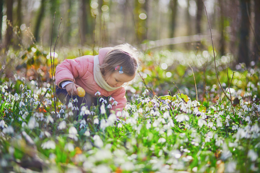 Kind in Schneeglöckchen-Feld