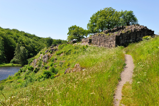 Die Burgruine Lilleborg im Sonnenlicht - umgeben von sattem Grün und einem blauen See